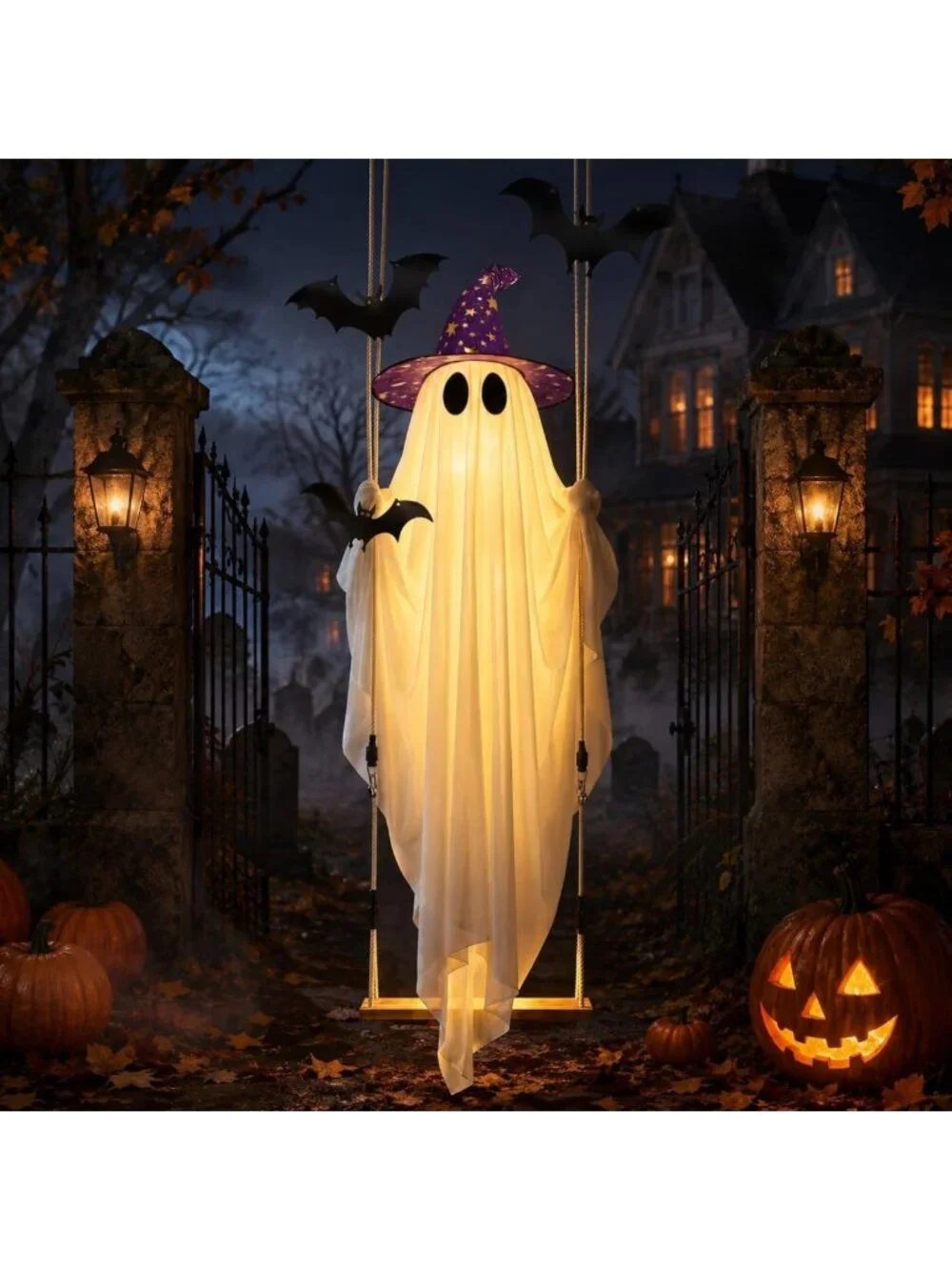 11 FT Light-Up Swinging Ghost Decor with Bat & Hat - Outdoor Halloween Yard
